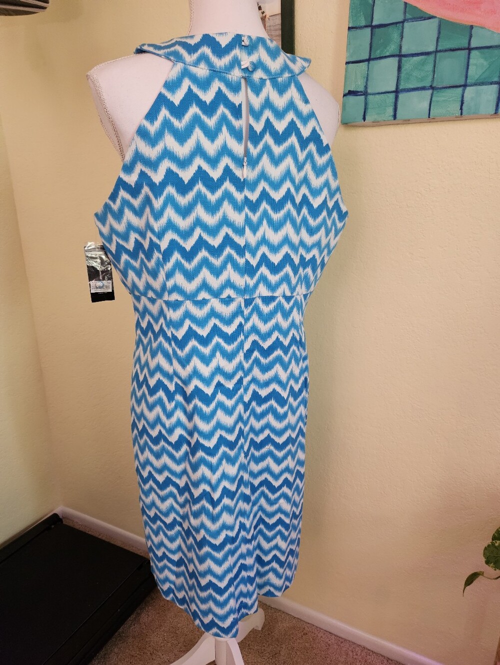 INC Blue Chevron Keyhole Neck Sleeveless Dress Sz 16 - Picture 3 of 10